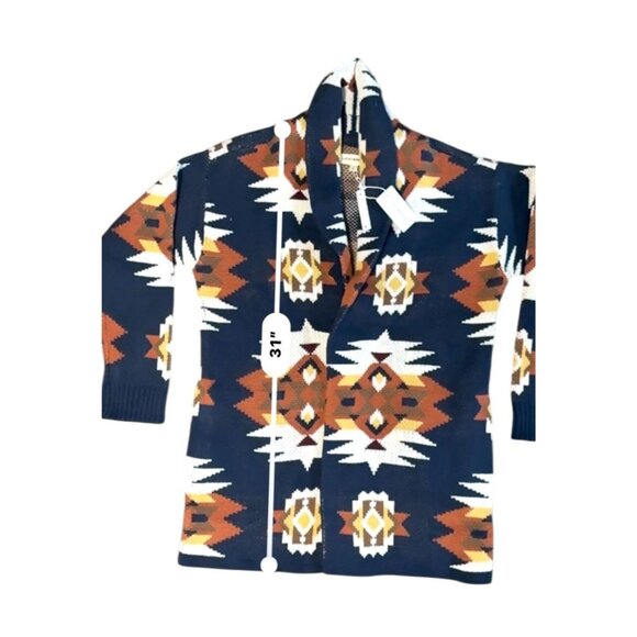 Lucky Brand Women Aztec Print Open Front Cardigan Sweater Navy Multicolor L NWT - Picture 4 of 7